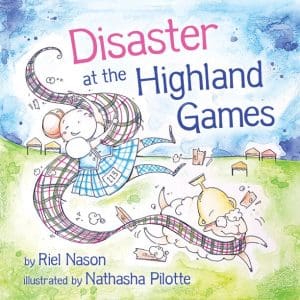 Image of a smiling highland dancer being dragged along the field by a sheep and a tartan scarf.